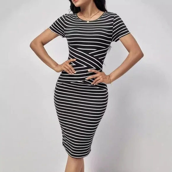 Sheath Black and White Striped Dress  Size Small - Picture 3 of 17